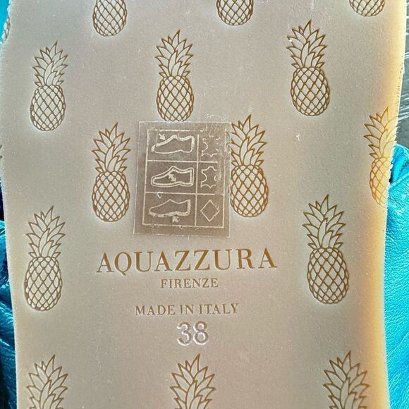 NWOB Aquazzura Twist Leather Metallic Blue Sandals Slides Made in Italy Size 38 - Picture 7 of 12